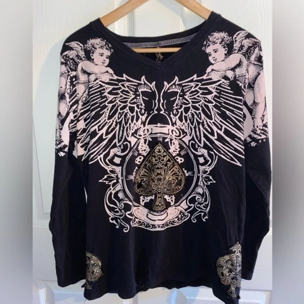 Black Spade Women’s Long Sleeve Shirt, Angels Written in Rhinestone Size Large - Picture 2 of 8
